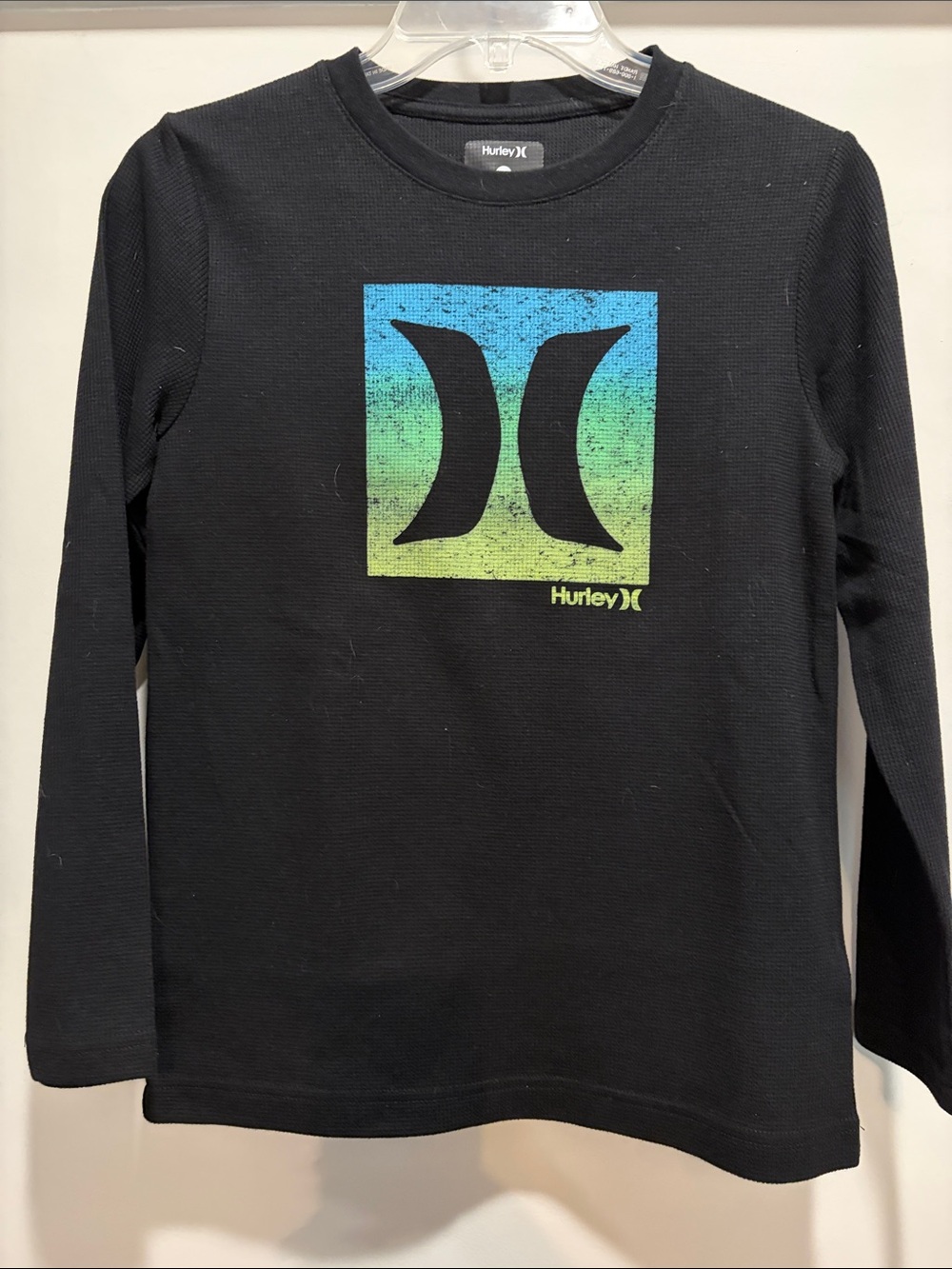 Hurley Black Long-Sleeve Tee with Blue-Green Gradient Logo